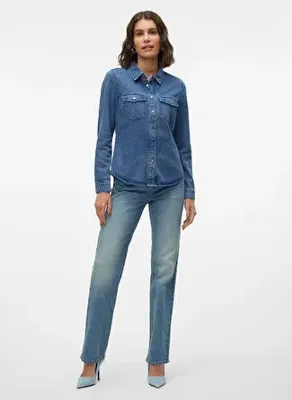 Vero Moda Mavi Kadın Gömlek VMJENNIE LS DENIM SHIRT MIX GA NOOS