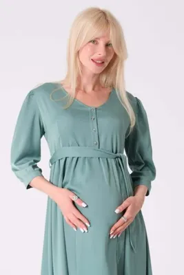 BUSA Hamile Yarım Kol V Yaka Beli Kuşaklı Midi Boy Saten Elbise YEŞİL