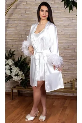 Turkuaz Gelin Sabahlık Ve Içlik Beyaz Bride Gümüş Yazılı