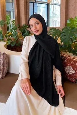 lamelif GG Desen Ayrobin Floş Jakar Şal Siyah