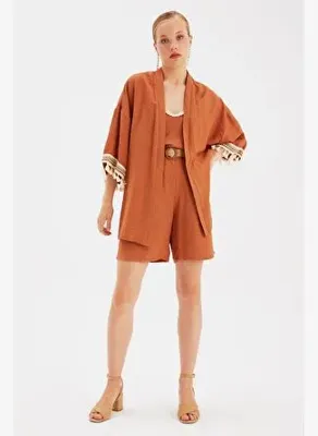 Sateen Kol Detaylı Salaş Keten Kimono - Taba