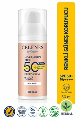Celenes By Sweden Herbal Dry Touch Spf 50 Mat Bitişli Renkli Güneş Kremi, Yüz ve Dekolte Bölgesi, 50 ml