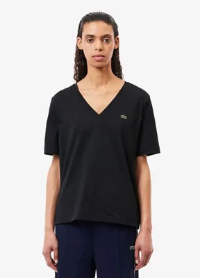 Lacoste Siyah V Yaka Relaxed Fit Kısa Kollu Kadın T-shirt