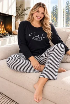 ELİTOL Everyday Smile Siyah Sandy Kumaş Çizgili Büyük Beden Kadın Pijama Takımı