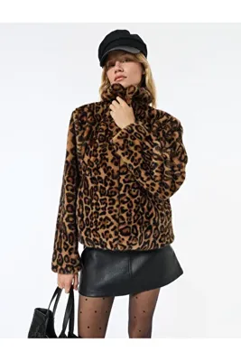 Koton Suni Kürk Mont Leopar Desenli Crop Cepli Fermuarlı
