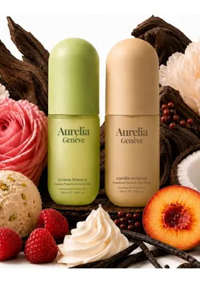 Aurelia Genève Velvet Sunset Duo - Kremsi Fıstık ve Sütlü Vanilya & Pudramsı Vanilya ve Taze Misk Kokulu Saç & Vücut Misti