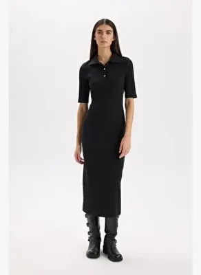 Defacto Bodycon Vücudu Saran Polo Yaka Fitilli Kaşkorse Kısa Kollu Midi Elbise