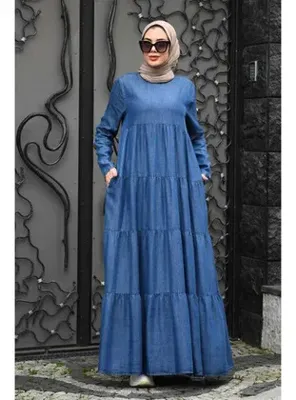 Neways 6400-Denim Parça Boya Elbise Koyu Mavi