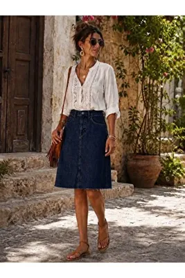 Dema Kadın Diz Altı A Kesim Denim Etek | Yüksek Bel Fermuarlı Günlük & Şık kullanım
