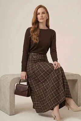 FTZ WOMEN Kadın Ekoseli Etek Kahve 31357