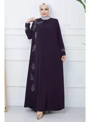 hafsamina Büyük Beden Yaprak Taşlı Anne Elbisesi Mor HM2350