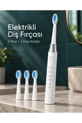 FTA TİCARET Değiştirilebilir Başlıklı Beyaz Elektrikli Diş Fırçası 5 Mod ve 3 Yedek Başlık