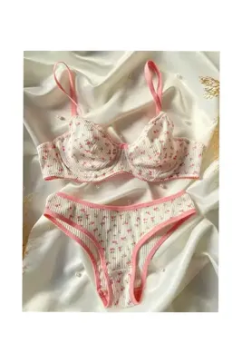 Moda Çiçekli Balenli Penye Sütyen Takım