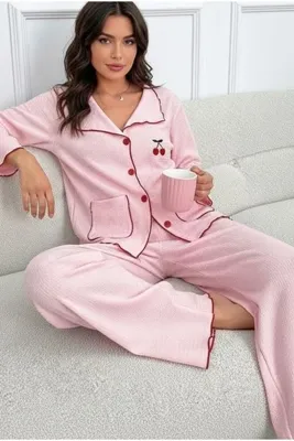 Siyah İnci Pembe Kiraz Nakışlı Cepli Bürümcük-Krınkıl Uzun Kollu Düğmeli Örme Pijama Takım 7941