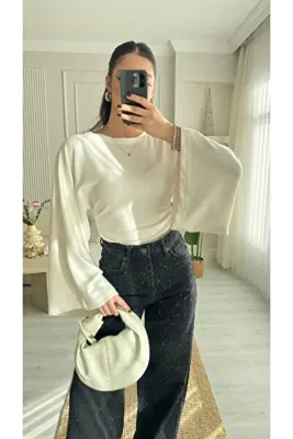 vipelmoda Kadın Bisiklet Yaka Belden Oturtmalı Geniş Kollu Bluz