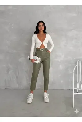 Gugus Kadın Yüksek Bel Maskülen Klasik Deri Pantolon Kemer Detaylı Havuç Model