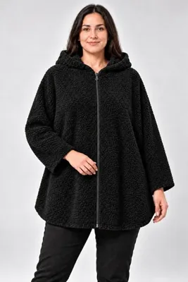Curvy Trend Büyük Beden Kapşonlu Fermuarlı Sherpa Kuzu Kumaş Ceket