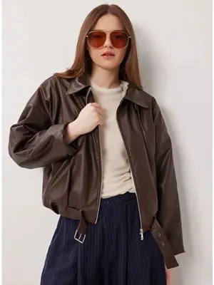 ginger love Kemerli İçi Suni Kürklü Suni Deri Bomber Ceket  KAHVERENGİ