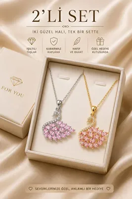 takıcıkız 2 ADET Pembe Kuğulu Pink Swan Taşlı Gümüş Çelik Kolye kutulu