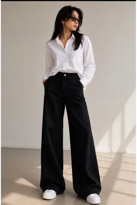 eyonnwear Genç Kız Siyah Salaş Geniş Paça Rahat Pamuklu Okul Pantolonu