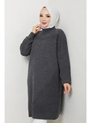 Pamuk Butik Kadın Yarım Balıkçı Yaka Örgü Detaylı Triko Tunik -pmk442