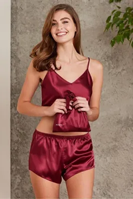 Pierre Cardin Crop'lu Saten Kadın Şort Takım - 467 Bordo