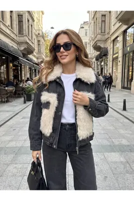 SOLİS MODA Kadın denim kürklü ceket oversize