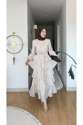 Nes Moda Kadın Kat Kat Volanlı Bel Bağlamalı Tesettür Elbise