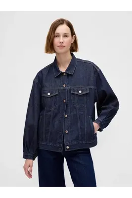 Gap Kadın Koyu Mavi UltraSoft Oversized Balon Kol Icon Denim Ceket