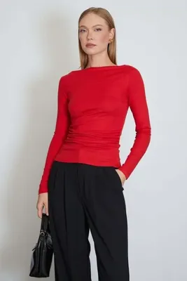 Fulla Moda Yanları Drapeli Kayık Yaka Slim Fit Bluz