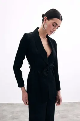 Sateen Bağlamalı Jakarlı Ceket - Siyah