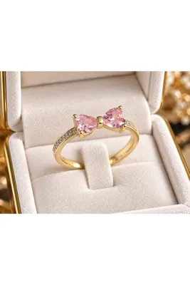 Genel Markalar Çelik Gold Renk Pembe Zirkon Taşlı Kalp Fiyonk Model Kadın Yüzük