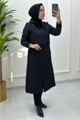 HESNA Kapüşonlu Taş Detaylı Kadın Trench Kap Siyah MLH KAPŞONU SABİTİR