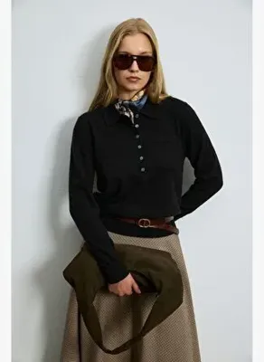 LUFIAN LAURA Siyah Kadın Polo Yaka Regular Fit Triko Kazak