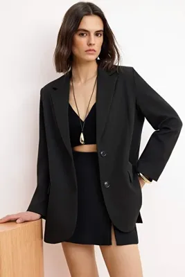 TRENDYOLMİLLA Siyah Dokuma Oversize Blazer Ceket TWOAW24BC00107