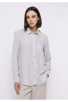 Colins Regular Fit Shirt Neck Çizgili Kadın Yeşil Uzun Kol Gömlek