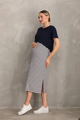 Miss Dünya Lissa Kısa Kol Çizgilli Fitilli Kaşkorse Hamile ve Lohusa Tişört Elbise Takımı