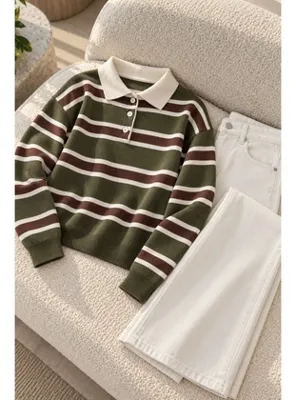 İmaj Butik Haki Polo Yaka Çizgili Triko Kazak