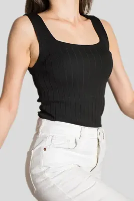 Butik Fitilli Kadın Siyah Kolsuz Bluz Kalın Askılı Atlet Ince Yazlık Kare Yaka Triko