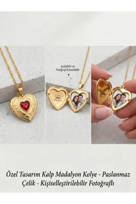 staınless steel Fotoğraflı Gold Çelik Kalp Madalyon Kolye