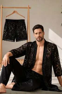 QMEN STYLE Erkek Kimono Takımı – 3’lü Dantel Set (Bornoz + Pantolon + Şort)