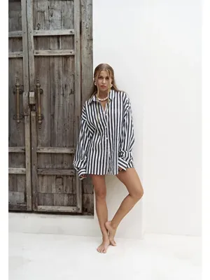 Mai Collection Rosy Transparan Çizgili Lacivert Oversize Gömlek