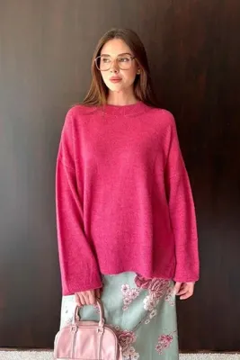 Ceylan Otantik Fuşya Oversize Bisiklet Yaka Kazak