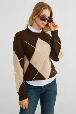 Fulla Moda Baklava Desenli Oversize Kazak