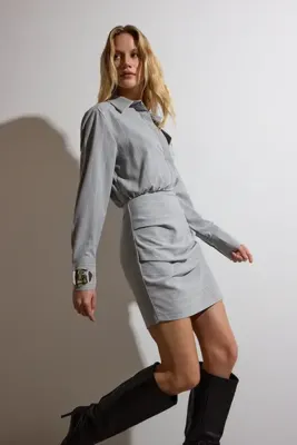 TRENDYOLMİLLA Gri Çizgili Poliviskon Drape Detaylı Vücuda Oturan Mini Dokuma Elbise TWOAW26EL00126