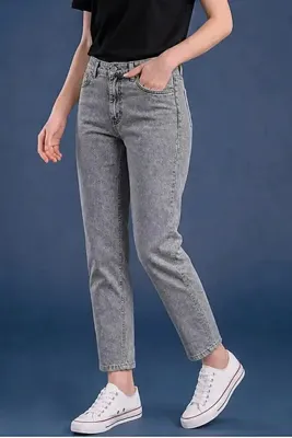 FlexiFit Yüksek Bel Mom Boyfriend Kadın Jean Pantolon | Rahat Kalıp | Denim | AÇIK GRİ