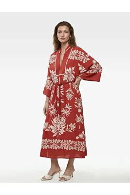 Koton Viskon Kumaş Uzun Kollu Yırtmaçlı Mandarin Yaka Etnik Desenli Nakışlı Uzun Kimono Elbise