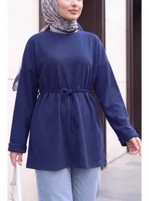 Podyumplus Yuvarlak Yaka Katlama Kol Beli Bağcıklı Fitilli Tunik -Lacivert