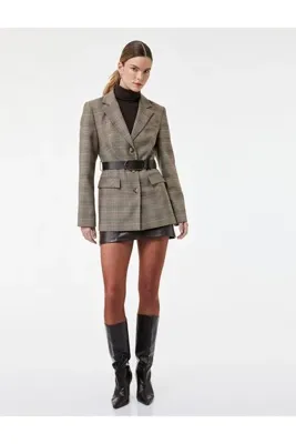Koton Cepli Uzun Kollu Kemerli Ekose Blazer Ceket
