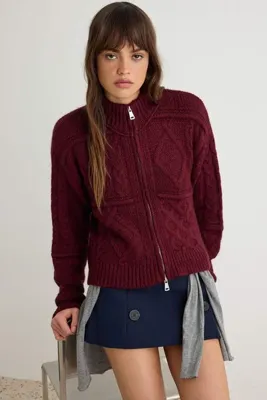 TRENDYOLMİLLA Bordo Saç Örgü Detaylı Kalın Dik Yaka Crop Triko Hırka TWOAW27HI00124